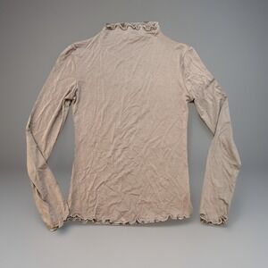 Ruffle Trim Mock Neck Long Sleeve Top Beige Layering Essential Feminine‎ Small